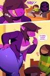 2022 anthro bed big_breasts bottomwear breasts brown_hair cleavage clothed clothing comic conditional_dnp deltarune dialogue duo english_text female furniture hair hi_res huge_breasts huge_hips huge_thighs human jacket kris_(deltarune) lizard male mammal on_bed pants profanity purple_body purple_skin question_mark reptile scalie shirt sitting sitting_on_bed slightly_chubby slightly_chubby_anthro slightly_chubby_female standing susie_(deltarune) svarz teeth text thick_thighs topwear undertale_(series) wide_hips