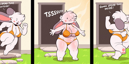 3_toes 4_fingers :3 anthro big_breasts big_butt bikini biped breasts butt cleavage clothed clothed_anthro clothed_female clothing detailed_background dialogue dipstick_ears doorway dot_eyes ear_markings eyebrows feet female female_anthro fingers fist fully_clothed fully_clothed_anthro fully_clothed_female fur humor multicolored_ears open_:3 open_mouth outside overweight overweight_anthro overweight_female pawpads pink_nose running short_tail shortstack simple_eyes smile solo speech_marker standing sunburn swimwear tail text thick_thighs toes two-piece_swimsuit white_body wide_hips colarix colarix_(fursona) lagomorph leporid mammal rabbit absurd_res english_text hi_res