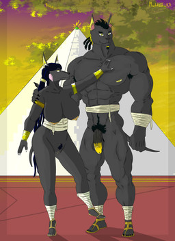 abdominal_bulge armpit_hair balls bandage bandaged_arm bandaged_leg bandages_only beard big_balls big_breasts big_muscles big_pecs black_body black_fur black_hair black_nose body_hair bracelet breasts butt butt_focus camel_toe claws clothing cloud duo facial_hair female footwear footwear_only fur genitals glans gold_(metal) gold_bracelet gold_jewelry hair jewelry long_penis male male/female mostly_nude muscular nipples nude_anthro outdoor_nudity outside pecs penis pokemorph pubic_fuzz pyramid sandals shoes shoes_only short_tail sky skyscape straight_hair sunset tail vein veiny_penis vulva yellow_eyes machki12_ka egyptian_mythology middle_eastern_mythology mythology nintendo pokemon anubis anubian_jackal canid canine canis deity jackal mammal absurd_res hi_res