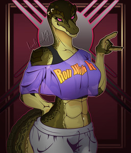 abs anthro athletic athletic_female bottomwear breasts claws clothed clothing crop_top curvy_figure female gesture green_body hand_behind_back hand_gesture hand_on_hip looking_at_viewer medium_breasts muscular navel navel_piercing non-mammal_breasts off_shoulder pants piercing pose ring_piercing shirt short_sleeves simple_background smile solo sweatpants tail tank_top teeth topwear wide_hips luckeeart crocodile crocodilian reptile scalie absurd_res colored hi_res