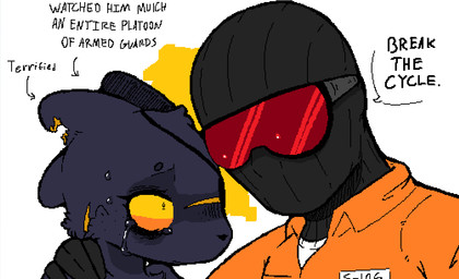 anthro balaclava black_body black_fur blush blush_lines bodily_fluids clothed clothing crying dialogue directional_arrow eye_bags eye_patch eyelashes eyewear facial_scar female freckled_face freckles fur goggles hand_on_shoulder horn jumpsuit long_eyelashes looking_at_another male mask notched_horn scar scared simple_background snout speech_bubble tears text white_background yellow_sclera botanics scav_prototype trepang2 subject_106_(trepang2) experiment_(scav_prototype) gunsawian human mammal english_text