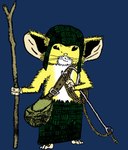 anthro bag belt blue_background clothing epipan fur hat headgear headwear hook looking_at_viewer male mammal mouse mouse_guard murid murine rodent rope simple_background solo standing wooden_staff yellow_body yellow_fur