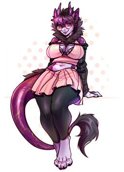 anthro arm_warmers armwear big_breasts black_armwear black_body black_clothing black_fur black_legwear black_tights blush bottomwear breasts claws cleavage_cutout clothing crop_top curvy_figure cutout eyewear female fur glasses horn legwear lips pink_bottomwear pink_clothing pink_skirt pink_topwear purple_body purple_eyes purple_horn purple_scales round_glasses scales shirt simple_background skirt solo thick_bottom_lip thick_thighs tights topwear cheshirkas mythology rose_(rosethederg) dragon mythological_creature mythological_scalie nardoragon scalie hi_res trans_(lore) trans_woman_(lore)