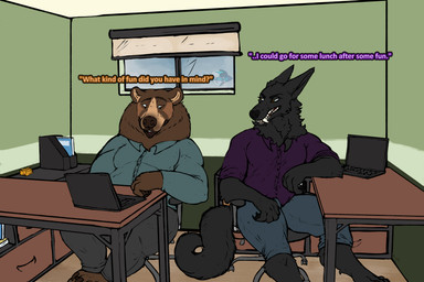 4_toes 5_fingers 5_toes anthro biped black_body black_claws black_ears black_feet black_fur black_hands black_pawpads black_paws black_tail bottomwear brown_arms brown_body brown_claws brown_ears brown_feet brown_fur brown_hands brown_legs brown_mane brown_nose brown_pawpads brown_paws chair cheek_markings claws clothed clothed_anthro clothed_male clothing computer day desk detailed_background dialogue digitigrade duo electronics eyebrows facial_markings feet finger_claws fingers fluffy fluffy_tail fully_clothed fur fur_markings furniture hair handpaw head_markings inside laptop looking_at_another male male/male male_anthro mane mane_hair markings monotone_body monotone_feet monotone_fur monotone_hands monotone_inner_ear monotone_markings monotone_tail multicolored_body multicolored_fur muzzle_(marking) office office_background office_chair office_clothing office_desk office_window office_worker on_chair orange_eyes pants pawpads paws plantigrade sharp_teeth shirt short_ears short_fur sitting sitting_on_chair sky slightly_chubby slightly_chubby_anthro slightly_chubby_male small_ears snout snout_markings table tail talking_to_another tall tan_body tan_fur tan_inner_ear tan_markings teeth text three-quarter_view tight_clothing toe_claws toes topwear two_tone_body two_tone_fur ursine_ears third-party_edit yonnixart mythology king_(the_werewolf_king) kuruk_(character) bear brown_bear canid canine canis grizzly_bear mammal mythological_canine mythological_creature ursidae ursine werecanid werecanine werecreature werewolf wolf 2026 3:2 absurd_res colored_sketch digital_drawing_(artwork) digital_media_(artwork) english_text hi_res sketch