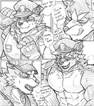 abs anthro blush clothing countershading fingerless_gloves gloves handwear licking licking_lips male muscular muscular_anthro muscular_male pecs police police_hat police_officer police_uniform solo text tipping_hat tongue tongue_out uniform dj28sj lifewonders live_a_hero barrel_(live_a_hero) canid canine canis mammal wolf english_text hi_res monochrome multiple_images