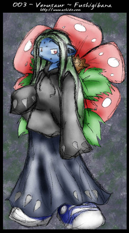 abstract_background anthro backpack blue_body blue_skin clothed clothing dress female flower flower_(anatomy) green_hair hair hoodie long_hair oversized_clothing plant pokemorph red_eyes scales solo standing student topwear zarla nintendo pokemon elemental_creature flora_fauna generation_1_pokemon pokemon_(species) venusaur
