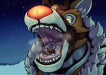 ambiguous_gender bodily_fluids breath duo extreme_size_difference glowing glowing_eyes glowing_nose imminent_vore larger_ambiguous machine mouth_shot night open_mouth outside saliva saliva_string size_difference sky smaller_ambiguous snow star starry_sky teeth throat vore winter gravitysinning orisa_(overwatch) reindeer_orisa_(overwatch) deer living_machine mammal new_world_deer reindeer hi_res