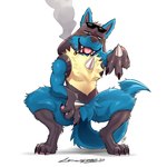 black_body black_fur black_nose blue_body blue_fur cigarette claws eyewear feet fur half-closed_eyes male narrowed_eyes open_mouth red_eyes simple_background solo sunglasses teeth tongue yellow_body yellow_fur crazydrak nintendo pokemon generation_4_pokemon lucario pokemon_(species) 1:1 hi_res