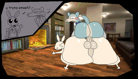 >w< all_fours anal anal_penetration anthro anus ball_slap balls big_butt big_penis blue_body blue_fur blush blush_lines bottomwear bottomwear_down butt clothed clothing dialogue duo ellipsis eyelashes eyes_closed female fur genitals gesture glistening glistening_balls glistening_body glistening_butt glistening_genitalia hand_gesture huge_butt huge_penis inviting living_room living_room_sex looking_at_another lying male male/female multicolored_body multicolored_fur necktie nude nude_anthro nude_female on_front open_mouth pants partially_clothed penetration penile penile_penetration penis penis_in_ass screencap screencap_background sex size_difference slap snout tail tail_motion talking_to_another text thick_thighs topwear vein veiny_penis white_body white_fur x_anus nxyitn beastars haru_(beastars) legoshi_(beastars) canid canine canis lagomorph mammal wolf 2d_animation 7:4 aliasing animated digital_media_(artwork) english_text loop seamless_loop smaller_version_at_source