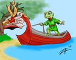 beach belt boat body_of_water clothed clothing duo fully_clothed grass green_clothing green_shirt green_topwear green_tunic machine male markings plant red_markings rope rope_pull shirt standing topwear tree tunic vehicle watercraft zephyrpanthur the_king_of_red_lions amphibian frog living_machine living_vehicle 2025 5:4 character_request hi_res