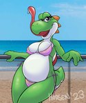 2023 anthro bedroom_eyes bikini bodily_fluids breasts cleavage clothed clothing day detailed_background eyelashes female green_yoshi horsen licking long_tongue looking_at_viewer mario_bros narrowed_eyes nintendo nipple_outline open_mouth open_smile outside photo_background photography_(artwork) portrait saliva saliva_on_tongue sea seductive sky slightly_chubby smile solo standing swimwear three-quarter_portrait tongue tongue_out water yoshi