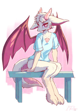3_fingers 4_toes anthro bench cheek_tuft claws clothing cute_fangs facial_tuft fangs feet female fingers fur head_tuft horn looking_at_viewer pale_fur paws pink_body pink_eyes pink_fur scales shirt simple_background solo tail teeth toe_claws toes topwear tuft ventral_scales wings falseconstruct mythology dragon furred_dragon furred_scalie mythological_creature mythological_scalie scalie absurd_res hi_res