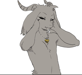 anthro black_sclera chest_tuft ear_tuft facial_markings fur gold_(metal) hand_on_cheek hand_on_head hand_on_self head_markings hip_tuft horn jewelry locket long_ears looking_down male markings narrowed_eyes neck_tuft necklace necklace_only nude pupils simple_background slim snaggle_tooth solo tasteful_nudity thin_eyebrows tuft white_background white_body white_fur white_pupils ikutasemi undertale undertale_(series) asriel_dreemurr_(god_form) bovid caprine goat mammal half-length_portrait portrait