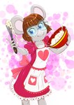 anthro apron batter biped blue_eyes bowl brown_hair closed_smile clothing container cooking dress eyewear female front_view glasses grey_body hair heart_symbol holding_object looking_at_viewer mouth_closed pink_nose red_clothing red_dress round_ears round_glasses short_hair simple_background smile solo standing wearing_glasses wisk young young_anthro young_female risingdragon nina_(risingdragon) mammal mouse murid murine rodent 2025 alternate_version_at_source hi_res