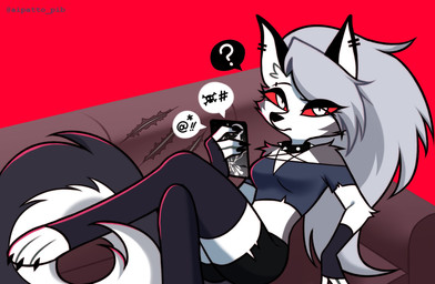 anthro arm_tuft bangs bottomwear breasts cheek_tuft claw_marks claws clothing collar crop_top crossed_legs ear_piercing elbow_tuft electronics facial_tuft female fingerless_gloves fluffy fluffy_tail frown fur furniture fuzzy gloves hair half-closed_eyes handwear holding_object holding_phone leggings legwear long_hair looking_at_viewer lounging lying multicolored_body multicolored_fur narrowed_eyes on_back on_sofa phone piercing pointy_ears prick_ears question_mark red_background red_eyes shirt shorts shoulder_tuft simple_background sofa solo spiked_collar spikes tail texting thigh_highs toony topwear tuft patto_pib hellaverse helluva_boss mythology loona_(helluva_boss) canid canid_demon canine canis demon hellhound mammal mythological_canine mythological_creature hi_res signature