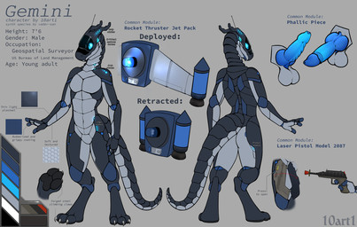 3_fingers 3_toes antennae_(anatomy) balls battery circumcised circumcision_scar claws feet fingers foreskin genital_scar genitals gun holding_object holding_weapon jet_pack knot laser_gun led_light machine male nude pawpads paws penis ranged_weapon scar simple_background solo standing tail text toes weapon 10art1 gemini_(10art1) robot synth_(vader-san) english_text hi_res model_sheet