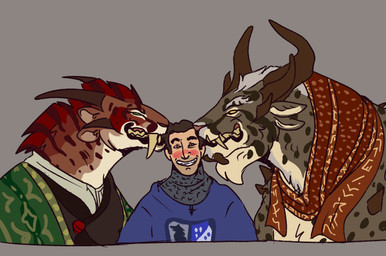 4_ears 4_horns anthro biped bisexual bisexual_male black_body black_fur blue_clothing blush brown_body brown_fur brown_hair chainmail clothing fangs female female_on_human fur green_clothing green_eyes grey_body grey_fur grin group hair hair_bite horn human_on_anthro interspecies larger_anthro larger_female larger_male male male/female male/male male_on_anthro male_on_human markings multi_ear multi_horn red_scarf scarf size_difference smaller_human smaller_male smile spots spotted_body spotted_fur teeth trio white_body white_fur white_hair yellow_eyes moldypaw guild_wars charr felid human mammal 2025 digital_media_(artwork) hi_res