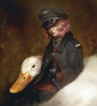 ambiguous_gender clothed clothing cross duo feathers female feral hair hat headgear headwear iron_cross looking_at_viewer nazi nazi_uniform pink_hair red_eyes uniform white_body white_feathers jcm2 anatid anseriform avian bird duck human mammal