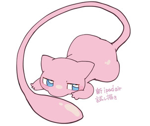 ambiguous_gender blue_eyes blush blush_lines blush_stickers feral half-closed_eyes long_tail lying narrowed_eyes on_front pink_arms pink_body pink_hands pink_tail simple_background small_hands solo tail text white_background white_sclera yakiniku628 nintendo pokemon generation_1_pokemon legendary_pokemon mew_(pokemon) pokemon_(species) 2026 colored full-length_portrait japanese_text portrait