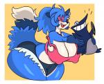 anthro big_breasts big_nipples blue_body blue_fur blue_tail bottomwear breasts clothed clothing crop_top curvy_figure denim denim_bottomwear denim_clothing denim_shorts duo erect_nipples eye_patch eyewear female fur hair heart_eye_patch heart_symbol holding_character hotpants huge_breasts huge_hips huge_nipples jewelry multicolored_body multicolored_eyes multicolored_fur multicolored_tail necklace nipple_outline nipples pen shirt shorts smile tail thick_thighs topwear two_tone_eyes voluptuous white_body white_fur white_tail wide_hips nondelismell lazuli_(doggod.va) tabuley_(character) avian bird canid canine fox mammal penguin 2019 hi_res