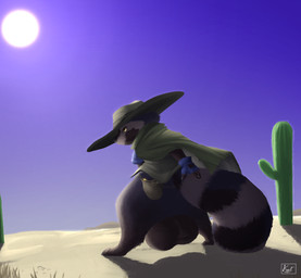 anthro backsack balls big_balls big_hat big_tail biped blue_clothing blue_handwear bottomless cactus cape clothed clothing coin coin_pouch cowboy cowboy_hat cowboy_outfit desert fingerless_gloves fluffy fluffy_tail genitals gloves glowing glowing_eyes green_clothing green_hat green_headwear green_outerwear handwear hat headgear headwear huge_balls huge_tail hyper hyper_balls hyper_genitalia hyper_tail looking_at_viewer looking_back low-angle_view male male_anthro markings plant poncho pouch_(anatomy) pouch_purse rear_view ring_(marking) ringed_tail shadow side_view solo spread_legs spreading standing striped_markings striped_tail stripes sun tail tail_markings three-quarter_view western yellow_eyes geno28 zaffre_enos canid canine mammal raccoon_dog tanuki absurd_res digital_media_(artwork) full-length_portrait hi_res portrait watermark