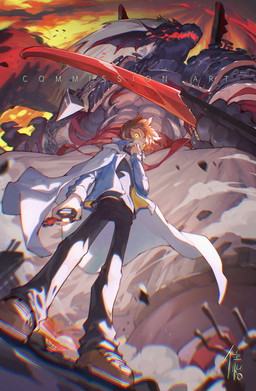 5_fingers abs action_pose anthro belt black_body black_bottomwear black_clothing black_membrane black_pants blue_clothing blue_jacket blue_shirt blue_topwear bottomwear brown_clothing brown_footwear brown_shoes chest_markings claws cloak clothed clothed_human clothed_male clothing collar countershade_torso countershading cuff_(restraint) dagger duo dust extreme_size_difference facial_spikes fangs finger_claws fingers footwear fully_clothed fully_clothed_human fully_clothed_male grey_body grey_countershading hair head_horn head_wings holding_object horn jacket larger_anthro larger_male long_hair looking_aside looking_at_viewer looking_down looking_down_at_viewer low-angle_view male markings melee_weapon membrane_(anatomy) membranous_wings metal_chain metal_collar metal_cuffs muscular muscular_anthro muscular_male open_mouth pants pose pupils red_belt red_claws red_eyes red_markings red_mouth red_tail red_wings restraints sash shirt shoes shoulder_guards simple_eyes size_difference smaller_human smaller_male spikes spikes_(anatomy) standing tail teeth text toe_claws topwear unusual_wing_placement weapon white_bottomwear white_cloak white_clothing white_hair white_pants white_sclera wings worm's-eye_view yellow_button yellow_clothing yellow_eyes yellow_jacket_(clothing) yellow_pupils yellow_topwear chiayeeee bandai_namco digimon digimon_(species) human mammal 2021 absurd_res chromatic_aberration digital_drawing_(artwork) digital_media_(artwork) english_text full-length_portrait hi_res portrait signature