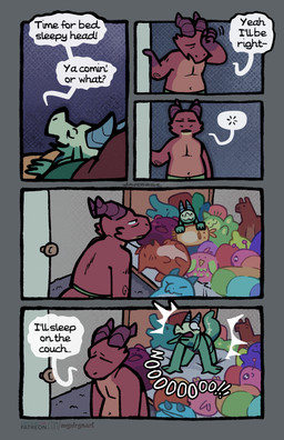 :3 all_fours anthro bed clothed clothing dialogue five_frame_image frustrated furniture green_body green_horn half-closed_eyes holding_object holding_plushie horn inviting_to_bed male narrowed_eyes on_bed plushie red_body red_horn speech_bubble text tired topless topless_anthro topless_male dozendav feezle_(dozendav) motch_(dozendav) kobold scalie comic english_text hi_res multiple_scenes url
