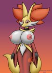 anthro areola big_breasts breasts chameloshi collar delphox exposed_breasts female generation_6_pokemon half-closed_eyes hi_res huge_breasts looking_at_viewer narrowed_eyes navel nintendo nipples pink_areola pink_nipples pokemon pokemon_(species) solo
