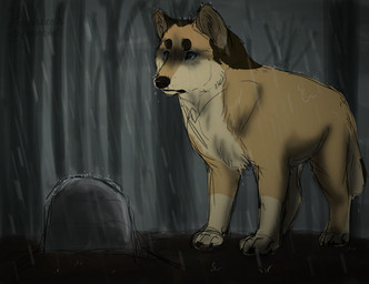 ambiguous_gender black_claws claws dead_tree dirt feral feralized fur grave plant raining solo standing tombstone tree yellow_body yellow_fur ouivon attack_on_titan erwin_smith canid canine canis mammal wolf 2014