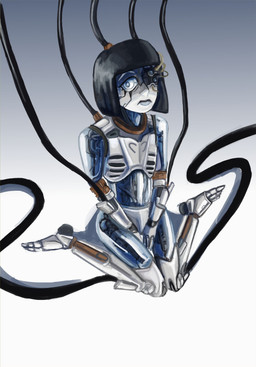 alternate_species barefoot black_hair black_wire bowl_cut cybernetics feet female gradient_background grey_background grey_eyes hair kneeling looking_at_viewer machine mouth_closed neutral_expression nude one_eye_obstructed short_hair simple_background solo tasteful_nudity white_sclera wire earthcrawler the_oblongs creepy_susie cyborg humanoid robot robot_humanoid 2024 absurd_res digital_media_(artwork) digital_painting_(artwork) english_description hi_res krita_(artwork) painting_(artwork)