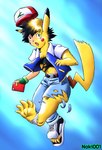 ambiguous_gender blue_background bottomwear clothing denim denim_bottomwear denim_clothing fur hat headgear headwear jeans mid_transformation pants pokedex simple_background solo species_transformation surprised_expression tail torn_clothing torn_shoes transformation yellow_body yellow_fur noki001 nintendo pokemon ash_ketchum generation_1_pokemon pikachu pokemon_(species) hi_res male_(lore)