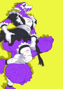 anthro balls big_balls big_penis bodily_fluids clothing cum cum_on_face erection femboy genital_fluids genitals glans gloves handwear huge_balls huge_penis humanoid_genitalia humanoid_penis hyper hyper_balls hyper_genitalia hyper_penis maid_apron maid_uniform maidoutfit male male/male penis purple_body saggy_balls solo uniform vein veiny_balls veiny_penis bigboi absurd_res hi_res
