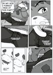 anthro belly blush bodily_fluids bottomwear bulge clothed clothing duo erection erection_under_clothing eyes_closed humanoid_hands male necktie overweight overweight_male pants shirt tears text topwear fatyogi gazpacho domestic_cat felid feline felis mammal suid suina sus_(pig) wild_boar 2010 comic english_text monochrome