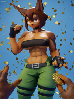 abs ambiguous_gender anthro athletic athletic_anthro athletic_female bandeau belt belt_buckle belt_collar big_breasts black_belt black_clothing black_collar black_fingerless_gloves black_gloves black_handwear black_topwear black_tube_top blue_background bottomwear breasts brown_body brown_clothing brown_fingerless_gloves brown_gloves brown_hair brown_handwear buckle claws clothing coin collar duo eyebrows faceless_anthro faceless_character faceless_female female female_focus fingerless_gloves first_person_view fist gloves green_bottomwear green_clothing green_pants hair half-closed_eyes handwear holding_coin holding_object long_ears looking_at_viewer money muscular muscular_anthro muscular_female narrowed_eyes navel neutral_expression orange_eyes pants pov_hands shirtless shirtless_anthro shirtless_female short_hair simple_background solo_focus thick_eyebrows thick_thighs thigh_strap topwear tube_top under_boob wide_hips stinkicatz valorlynz_(modeler) dog_knight_rpg maci_(ceehaz) rory_(ceehaz) canid canine canis dobermann domestic_dog mammal pinscher 3:4 3d_(artwork) absurd_res digital_media_(artwork) hi_res watermark