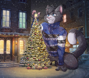 5_fingers anthro baubles bent_leg black_eyebrows black_sky blue_eyes bottomless bottomless_anthro bottomless_male box building christmas_decorations christmas_lights christmas_present christmas_star christmas_tree claws closed_smile clothed clothing container dipstick_tail door eyebrows featureless_crotch feet finger_claws fingers fur gift gift_box grey_body grey_fur grey_hair grey_tail hair holidays kneeling ladder light macro_anthro macro_male male male_anthro markings mouth_closed multicolored_body multicolored_fur night outside pawpads pink_inner_ear pink_nose pink_pawpads plant railing short_hair sign sky smile snow snowing solo stairs string_lights tail tail_markings text tree two_tone_body two_tone_fur two_tone_tail vehicle whisker_spots white_claws white_tail_tip window dankalaning villmix christmas catto_(catzdacat) domestic_cat felid feline felis mammal 2024 colored digital_drawing_(artwork) digital_media_(artwork) english_description english_text hi_res lighting shaded signature