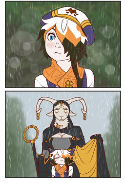 5_fingers anthro big_breasts black_hair blue_eyes blush boob_hat breasts cleavage cleavage_cutout clothed clothing cutout duo female fingers fur hair hat headgear headwear holding_object hood horn horn_jewelry jewelry larger_female looking_at_viewer male multi_eye one_eye_obstructed raining size_difference smaller_male smile text topwear white_body white_fur ishton_(artist) dungeons_and_dragons hasbro wizards_of_the_coast isiica_(ishton) nea_(pendrawlum) aasimar bovid caprine goat humanoid mammal comic digital_media_(artwork) english_text hi_res