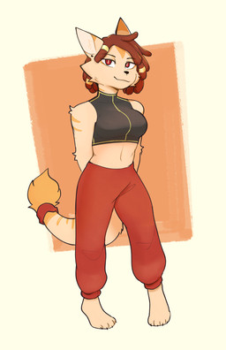 anthro arm_tuft barefoot bottomwear breasts brown_hair clothed clothed_anthro clothed_female clothing crop_top dreadlocks elbow_tuft emoji_description eye_through_hair eyebrow_through_hair eyebrows feet female female_anthro front_view fur geometric_background hair hands_behind_back light_inner_ear mouth_closed pants red_bottomwear red_clothing red_eyes red_pants shirt simple_background sleeveless_shirt solo tail tail_tuft tan_body tan_fur topwear translucent translucent_hair tuft white_sclera conditional_dnp sonokido ventura_city_drifters sahara_taylor canid canine fennec_fox fox mammal true_fox 2021 digital_media_(artwork) full-length_portrait hi_res portrait