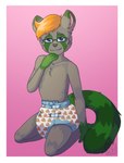 ageplay anthro blue_eyes clean_diaper clothed clothing diaper fur glistening glistening_eyes green_body green_fur green_tail grey_body grey_fur hair infantilism kneeling looking_at_viewer male markings mouth_closed orange_hair pattern_diaper pink_background roleplay short_hair simple_background solo striped_markings striped_tail stripes tail tail_markings topless wearing_diaper riddlr jraccon mammal procyonid raccoon absurd_res hi_res