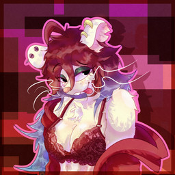 anthro bra breasts broken_ear cheeky cleavage clothed clothing exposed_shoulder eyeshadow female female_anthro hair highlights_(coloring) lace lace_bra long_hair makeup screws smug solo tongue tongue_out underwear cosmic_logem minna_(cosmic_logem) mammal murid murine rat rodent 1:1 hi_res