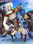 anthro blue_body blue_fur champion clothing duo fur hug macro male open_mouth water white_body white_fur nabesiki breath_of_the_wild nintendo the_legend_of_zelda revali teba_(tloz) avian bird rito 2020 3:4 hi_res