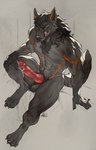 amber_eyes animal_genitalia animal_penis anthro balls bedroom_eyes black_body black_fur bodily_fluids canine_genitalia canine_penis cum cum_drip cum_on_penis dripping erection fur genital_fluids genitals grey_body grey_fur knot male narrowed_eyes orange_body orange_fur penis seductive sitting solo tail tongue tongue_out ama_dench_art kael_(beleynn) canid canine canis mammal wolf absurd_res hi_res