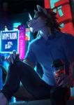 5_fingers anthro beverage biped blue_eyes detailed_background fingers holding_object male neon_lights scar sitting smile solo teeth kaylinmangorian mythology rakan canid canine canis mammal mythological_canine mythological_creature werecanid werecanine werecreature werewolf wolf 2019 digital_media_(artwork) hi_res