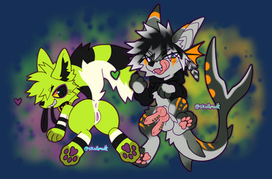2_penises anthro anus balls bedroom_eyes bottomless bottomless_male chibi clothed clothing collar crotch_fins diphallism duo ear_fins facial_piercing female fin furgonomic_piercing furgonomics genital_piercing genitals hoodie knot knotted_penis leash leash_in_mouth leash_in_own_mouth leashed_collar licking licking_lips looking_at_viewer looking_back male male/female multi_genitalia multi_penis muzzle_piercing narrowed_eyes nose_piercing object_in_mouth pawpads penis penis_piercing piercing presenting presenting_anus presenting_penis presenting_vulva raised_tail seductive shark_tail tail tongue tongue_out topwear vulva skullmutt rick_marks tanzuka aquatic canid canine fish fox hybrid mammal shark alpha_channel hi_res