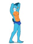 5_toes anthro biped blue_body blue_clothing blue_eyes blue_feet blue_skin blue_underwear bulge clothed clothing feet fin front_view grin hands_behind_head head_fin male navel orange_body orange_skin plantigrade pokemorph pose simple_background smile solo standing tail tail_fin teeth toes underwear underwear_only white_background fuze nintendo pokemon gao_(fuze) generation_3_pokemon marshtomp pokemon_(species) 2024 3:4 hi_res pinup