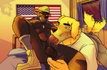 american_flag anal anal_fingering anthro balls bedroom_background bedroom_sex black_body blowjob_face blue_eyes blush clothing dog_tags duo fellatio fellatio_while_penetrated fingering genitals hat headgear headwear looking_pleasured male male/male male_anthro military musk musk_clouds nipples oral penile sergeant sex soldier soldier_uniform united_states_of_america warrior yellow_body yellow_eyes thekinkybear bird_dog canid canine canis domestic_cat domestic_dog felid feline felis golden_retriever hunting_dog mammal retriever absurd_res hi_res