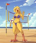 anthro avian_feet ball beach beak bikini breasts clothing eyebrows eyelashes feathers female gesture looking_at_viewer navel neck_tuft net open_beak open_mouth outside purple_bikini purple_clothing purple_eyes purple_swimwear side-tie_bikini solo sport string_bikini swimwear tuft two-piece_swimsuit volleyball volleyball_(ball) volleyball_net waving yellow_body yellow_feathers sammfeatblueheart avian bird 2024 absurd_res hi_res