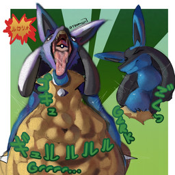 abstract_background ambiguous_gender ambiguous_pred ambiguous_prey anthro anthro_pred belly big_belly black_face black_inner_ear blue_arms blue_ears blue_mouth blue_neck chest_spike hand_on_belly hand_spike huge_belly mouth_shot open_mouth oral_vore pokeball rumbling_stomach sharp_teeth solo spikes spikes_(anatomy) swallowing swallowing_pokeball teeth text tongue tongue_out unseen_prey vore wet_tongue troppygutz nintendo pokemon generation_4_pokemon lucario pokemon_(species) 1:1 hi_res japanese_text signature