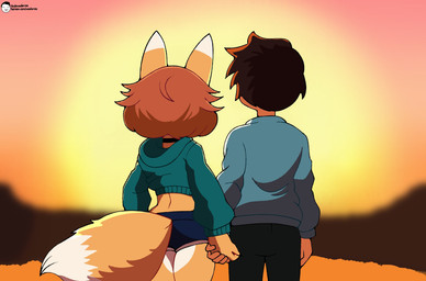 anthro black_choker black_jewelry black_necklace bottomwear choker clothing dipstick_ears dolphin_shorts duo ear_markings faceless_character faceless_male female hair hand_holding hoodie jewelry male multicolored_ears navel necklace orange_hair shorts sunset topwear voider_(artist) bully_fox canid canine fox human mammal hi_res