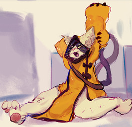 2_tails anthro bottomless clothed clothing eye_patch eyewear hoodie looking_at_viewer male multi_tail pawpads paws solo stretching tail topwear topwear_only fisherkitu arc_system_works blazblue jubei_(blazblue) domestic_cat felid feline felis mammal
