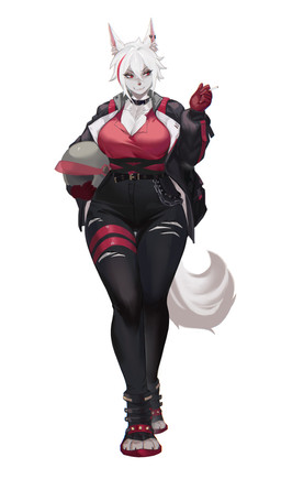 anthro armor bottomwear breasts cigarette cleavage clothed clothing collar denim denim_bottomwear denim_clothing ear_piercing ear_ring female fur gloves handwear headgear helmet jacket jeans pants piercing red_eyes ring_piercing shirt solo tight_clothing topwear white_body white_fur chong85283806 canid canine mammal absurd_res hi_res